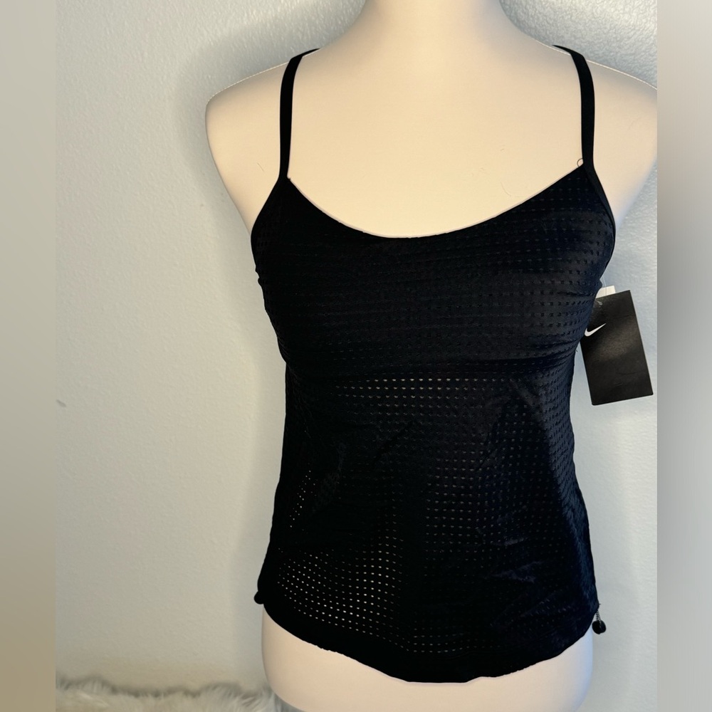 Nike Women’s Black Stretch Drawcords at Hem Scoop Neck Tankini Swimsuit Top S/P